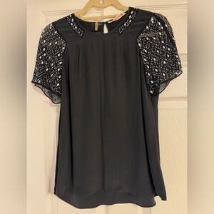 Rebecca Taylor silk black blouse with embellished sleeves